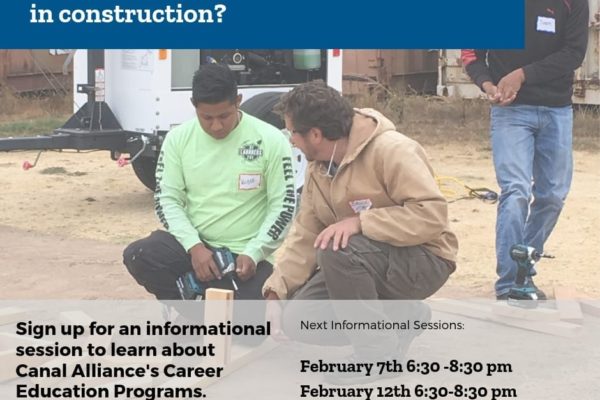 Flyer promoting Canal Alliance's Career Education Programs; Interested in a career in construction?
