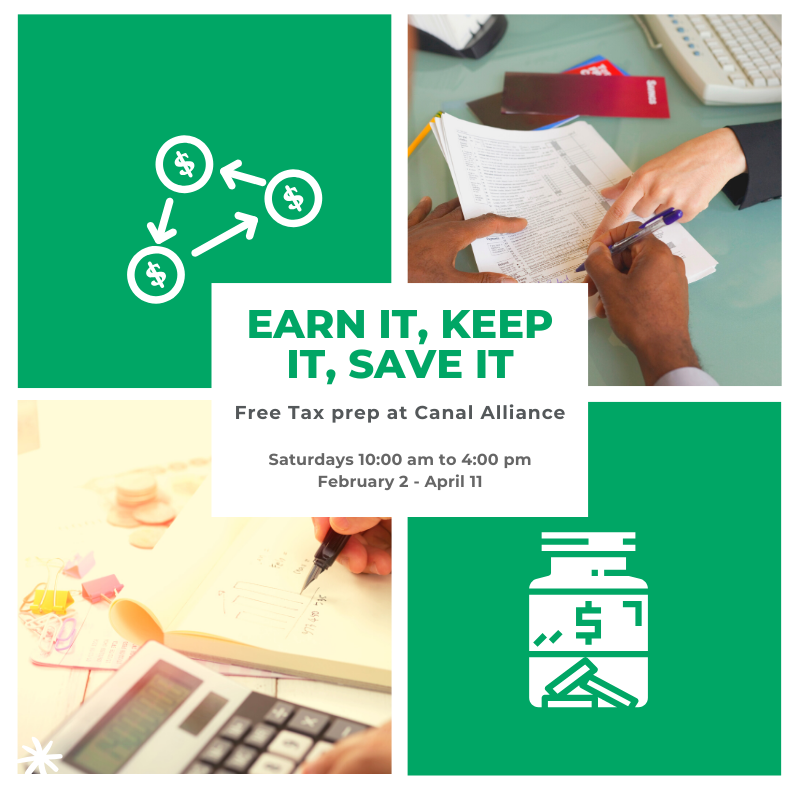 Earn it, Keep it, Save It promotional images with details of the 2020 Tax Preparation Services