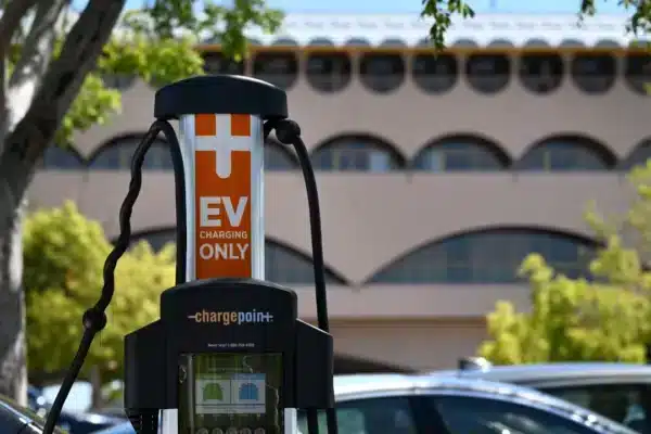 An electric vehicle charging station stands in the parking lot of the Marin County Civic Center in San Rafael on Tuesday, May 16, 2023. (Alan Dep/Marin Independent Journal)