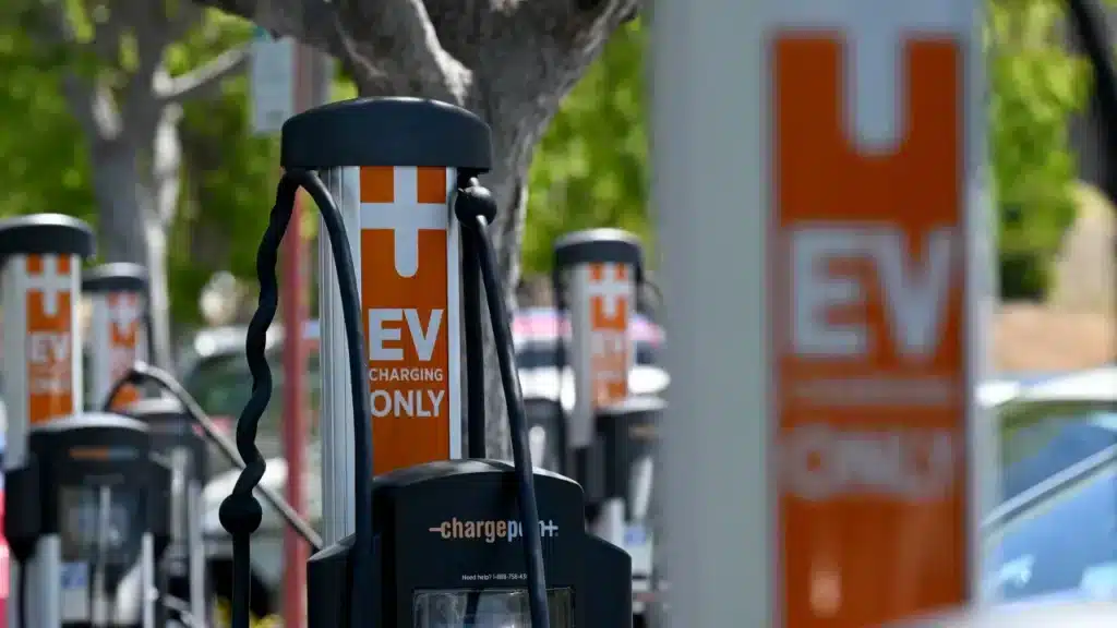 Electric vehicle charging stations stand in the parking lot of the Marin County Civic Center in San Rafael on Tuesday, May 16, 2023. (Alan Dep/Marin Independent Journal)